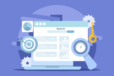 SEO Araç Kavramı, anahtar kelime araştırma aracı, rakip SEO analizi, web sitesi performansını izleyen SEO yazılımı, simgeli düz tasarım vektör çizimi.