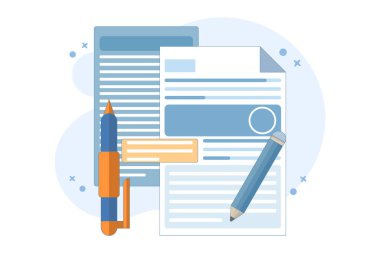 Yaratıcı yazarlık ve hikaye anlatma üzerine eğitim kitaplarının gözden geçirilmesi kavramı. Hikaye anlatma, yaratıcı yazı, kalem ve kağıt kavramı, metin yazısı, arka planda düz vektör çizimi.