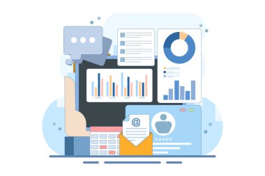 Ekranda, e- posta bildirimleri, grafikler ve veri görselleriyle birlikte kullanıcı profili ve analitik kavramı. Sosyal medya yönetimi, dijital pazarlama ve çevrimiçi iletişim. düz vektör illüstrasyonu.