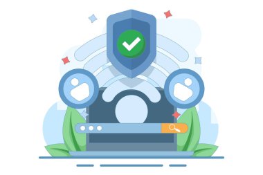 Wi-Fi ağ güvenliği ve koruma konsepti. Kablosuz şifreleme. Teknoloji ve güvenlik. Wi-Fi sinyal sembolü, arama çubuğu, hesap ve kalkan işaretli. düz tasarım illüstrasyon.