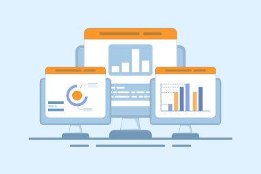 Bilgisayarda büyük veri analizi kavramı, araştırma analizi bilgisi, grafikler, şemalar ve grafikler, istatistiksel raporlar, bilgisayar bulut teknolojisi. Arkaplanda düz vektör illüstrasyonu.