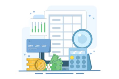 İş muhasebe yazılımı konsepti, finansal analiz, iş veri entegrasyonu, vergi hesaplaması, vergi ödemelerinin artması. Arkaplan simgesine sahip vektör illüstrasyonu.