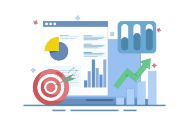 Veri analizi konsepti, Laptop bilgisayarı ve Target Arrow 'un İş Grafik Raporu. Finansal grafik, kar ve gelir artışı. Ticari Hedef Pazarlama. Düz vektör illüstrasyonu.
