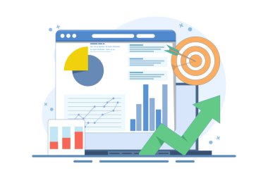 Veri analizi konsepti, Laptop bilgisayarı ve Target Arrow 'un İş Grafik Raporu. Finansal grafik, kar ve gelir artışı. Ticari Hedef Pazarlama. Düz vektör illüstrasyonu.