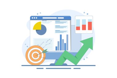 Veri analizi konsepti, Laptop bilgisayarı ve Target Arrow 'un İş Grafik Raporu. Finansal grafik, kar ve gelir artışı. Ticari Hedef Pazarlama. Düz vektör illüstrasyonu.