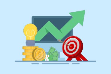 İş başarısı kavramı. Başarılı bir galip parlak fikirle, kariyer hedeflerine ulaşarak, iş sorunları çözerek. Arkaplanda modern düz biçim vektör illüstrasyonu.