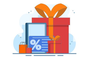 Nakit para ve müşteri sadakat programı konsepti ve indirim kuponları. İnternetten ödüller ve ödüller kazan. Ödül, indirim, alışveriş için nakit para. Online ödüller. Düz Çizim.