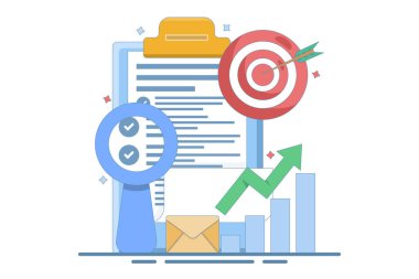 İş Hedefi Mektubu Konsepti. Arrow 'un olduğu pano. E- posta, e-posta bülteni, mesajlaşma, Çevrimiçi iş stratejisi, Reklamcılık ve Pazarlama kullanarak hedef kitleye yaklaşılıyor.