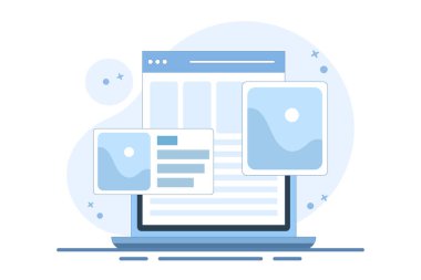 Dijital resim galerisi. Laptop bilgisayarı kullanarak çevrimiçi fotoğraf albümü izle. İnternetli bilgisayar, elektronik fotoğraf, web dosyası. Arkaplanda düz vektör illüstrasyonu.