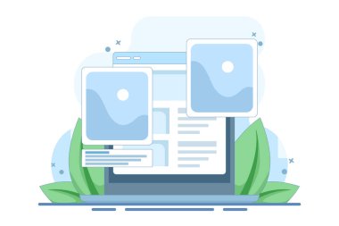 Dijital resim galerisi. Laptop bilgisayarı kullanarak çevrimiçi fotoğraf albümü izle. İnternetli bilgisayar, elektronik fotoğraf, web dosyası. Arkaplanda düz vektör illüstrasyonu.