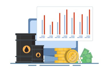 Küresel petrol varili piyasa konsepti, altın paralı petrol varili, izole edilmiş arka planda bilgisayar ekranı, dijital pazarlama. Arkaplanda düz tasarım çizimi.