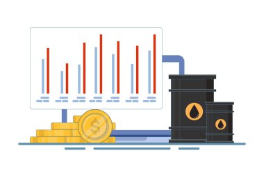 Küresel petrol varili piyasa konsepti, altın paralı petrol varili, izole edilmiş arka planda bilgisayar ekranı, dijital pazarlama. Arkaplanda düz tasarım çizimi.