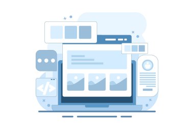 Web sitesi geliştirme şirketi konsepti, uygulama geliştirme, web sitesi bakımı, kodlama ve programlama, yazılım testi. Simgelerle vektör illüstrasyon arkaplanı.