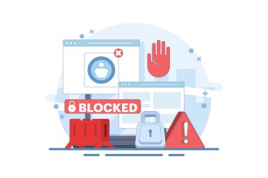 Bloke edilmiş kullanıcı hesabı kavramı, engellenmiş kullanıcı hesabı hakkında şok edici ve endişeli. kullanıcının hesabı açmasına yardım et. Siber suçlar, hacker saldırıları, sansür veya fidye yazılımlarından korunmak için. düz dizayn.