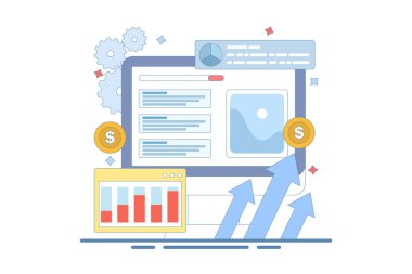 PPC Kampanyası Konsepti web sitesi trafiğini artırıyor. İnternet sitesi tanıtımı için PPC ilanları. Arama motoru pazarlaması. Yüksek tıklama hızıyla daha fazla gelir sağlıyor. Simgeli arkaplan vektör illüstrasyonu.
