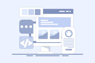 Web sitesi geliştirme şirketi konsepti, uygulama geliştirme, web sitesi bakımı, kodlama ve programlama, yazılım testi. Simgelerle vektör illüstrasyon arkaplanı.