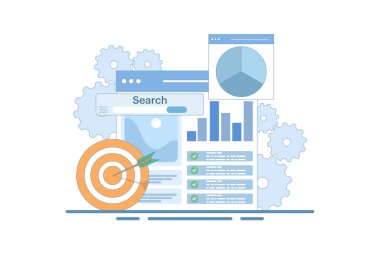 SEO İyimserleştirme Konsepti, Web Analizi ve Sosyal Medya Pazarlama SEO 'su. Web Analitikleri, SEO optimizasyonu. Sosyal Medya Pazarlama. Web sitesi Strateji ve Planlama. Düz Vektör İllüstrasyonu.