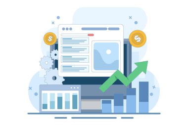 PPC Kampanyası Konsepti web sitesi trafiğini artırıyor. İnternet sitesi tanıtımı için PPC ilanları. Arama motoru pazarlaması. Yüksek tıklama hızıyla daha fazla gelir sağlıyor. Simgeli arkaplan vektör illüstrasyonu.
