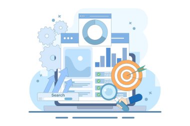 SEO İyimserleştirme Konsepti, Web Analizi ve Sosyal Medya Pazarlama SEO 'su. Web Analitikleri, SEO optimizasyonu. Sosyal Medya Pazarlama. Web sitesi Strateji ve Planlama. Düz Vektör İllüstrasyonu.