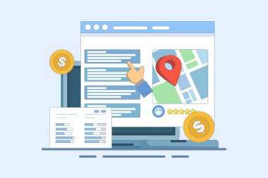 Arama motoru pazarlaması, PPC reklamcılığı, dijital reklamcılık. Ücretli pazarlama kampanyaları, web sitesi trafiğini artıran reklam kampanyaları. Simgeli düz tasarım vektör çizimi.