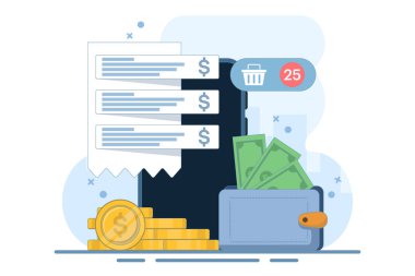 Mobil bankacılık konsepti. Dijital cüzdan, ödeme sistemi, mobil bankacılık, para transferi. Cüzdan, para, mobil uygulama. Simge. Şık ve soyut. Düz Çizgi film Vektör İllüstrasyonu.