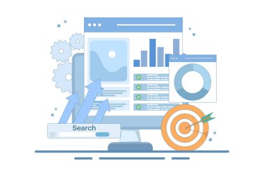 SEO İyimserleştirme Konsepti, Web Analizi ve Sosyal Medya Pazarlama SEO 'su. Web Analitikleri, SEO optimizasyonu. Sosyal Medya Pazarlama. Web sitesi Strateji ve Planlama. Düz Vektör İllüstrasyonu.