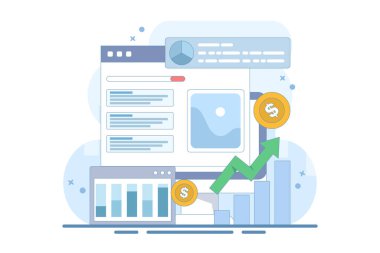 PPC Kampanyası Konsepti web sitesi trafiğini artırıyor. İnternet sitesi tanıtımı için PPC ilanları. Arama motoru pazarlaması. Yüksek tıklama hızıyla daha fazla gelir sağlıyor. Simgeli arkaplan vektör illüstrasyonu.