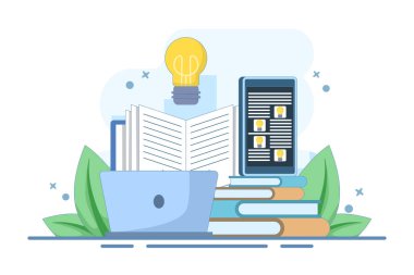 Çevrimiçi eğitim kavramı bilgisayar ya da dizüstü bilgisayarda açık kitap, çevrimiçi eğitim ya da iş eğitimi. Çevrimiçi öğrenme. Webinar, online iş eğitimi, e-öğrenme eğitimi. Düz vektör illüstrasyonu.