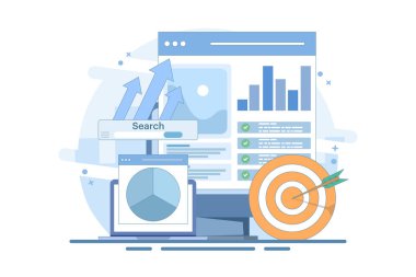 SEO İyimserleştirme Konsepti, Web Analizi ve Sosyal Medya Pazarlama SEO 'su. Web Analitikleri, SEO optimizasyonu. Sosyal Medya Pazarlama. Web sitesi Strateji ve Planlama. Düz Vektör İllüstrasyonu.