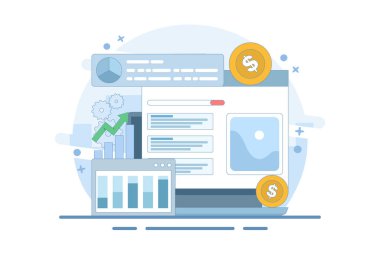 PPC Kampanyası Konsepti web sitesi trafiğini artırıyor. İnternet sitesi tanıtımı için PPC ilanları. Arama motoru pazarlaması. Yüksek tıklama hızıyla daha fazla gelir sağlıyor. Simgeli arkaplan vektör illüstrasyonu.