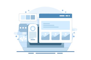 Web sitesi geliştirme şirketi konsepti, uygulama geliştirme, web sitesi bakımı, kodlama ve programlama, yazılım testi. Simgelerle vektör illüstrasyon arkaplanı.