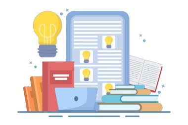Çevrimiçi eğitim kavramı bilgisayar ya da dizüstü bilgisayarda açık kitap, çevrimiçi eğitim ya da iş eğitimi. Çevrimiçi öğrenme. Webinar, online iş eğitimi, e-öğrenme eğitimi. Düz vektör illüstrasyonu.