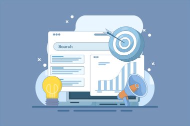 Seo ve SMM optimizasyon konsepti. Dijital pazarlama, SMM dijital web teknolojisi. Arama motoru sıralamasını, arama motoru trafiğini, test web sitesi SEO 'yu, Vektör illüstrasyon tasarımını geliştir.