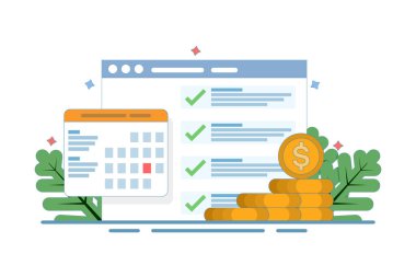 Para ödeme tarihinin takvimdeki konsepti veya gündemi, resimli görev listesi ve nakit takvimi hatırlatma bildirimi, vergi ödeme zamanı fikri, bütçe veya mali plan. vektör illüstrasyonu.