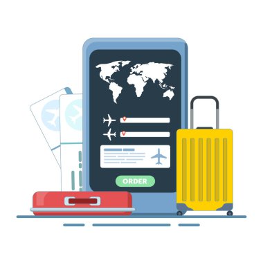 Akıllı telefondan bilet almak için mobil uygulama kavramı. Uçak biletlerini ayırtıyorum. Planet Earth, uçak biletleri ve bagaj. Seyahat, iş gezisi. Arkaplanda düz vektör çizimi.