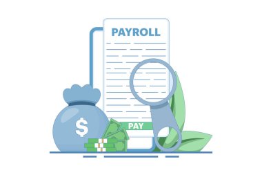 Maaş ödeme konsepti. Fatura kağıdı. Maaş bordrosu, fatura kağıdı. Maaş çizelgesi, maaş hesaplaması, bütçe konsepti. Üst Manzara. Arka planda modern düz tasarım vektör illüstrasyonu.