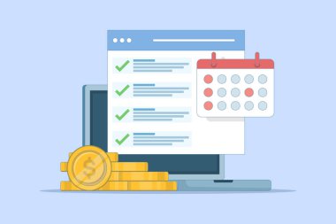 Para ödeme tarihinin takvimdeki konsepti veya gündemi, resimli görev listesi ve nakit takvimi hatırlatma bildirimi, vergi ödeme zamanı fikri, bütçe veya mali plan. vektör illüstrasyonu.