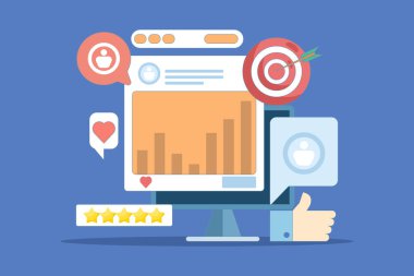 Sosyal medya yeniden pazarlama kavramı, sosyal medya yeniden pazarlama teknolojisi aracılığıyla belirli izleyicileri hedef alma, yaratıcı içerik pazarlama reklamları beğen, hisset ve abone ol. vektör illüstrasyon simgesi.