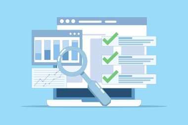 Satış veri büyümesi grafik analizi konsepti bilgisayar veya bilgisayar üzerinde denetim ve başarı bildirimi, çevrimiçi analitik teknoloji grafik fikri veya İnternet istatistiği ile birlikte. Düz çizgi film vektörü.