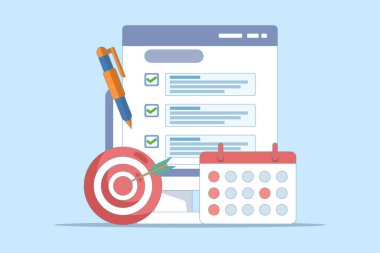 Başarı konsepti. Aygıt ekranındaki hedef veya gelecekteki eylemlerin listesi. Ok tam hedefte ve takvim akıllı telefonun yanında. Arkaplanda düz vektör çizimi.