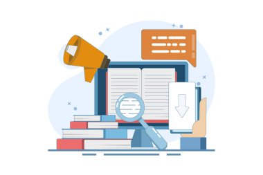 İnternetten e-kitap indirme, e-kitap okuma, iş tanıtımı için e-kitap pazarlama kavramı. E-kitap pazarlama kampanyası. Arkaplanda simgeler olan düz vektör illüstrasyonu.