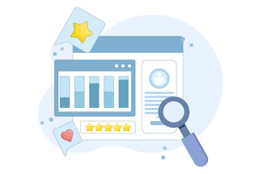 Müşteri analizi yazılım konsepti, iş zekası, web sitesi raporu, müşteri veri analizi, web sitesi trafiği, veri grafik şeması, müşteri profili arayüzü. düz vektör illüstrasyonu.