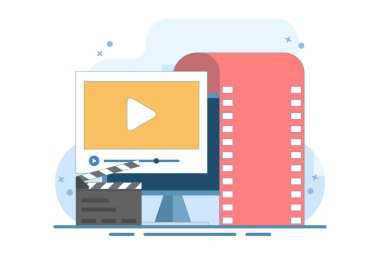 Video film kurgu konsepti bilgisayar, vektör düz grafik illüstrasyon, çevrimiçi hareket içeriği üretimi, dijital montaj resmi, klip sanatı, animasyon stüdyo tasarımı. düz resimleme.