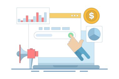 SEO Analiz Kavramı, web sitesi istatistiklerini gösteren SEO aracı ve grafik ve grafiklerle dijital pazarlama stratejisi analizi. Simgeli düz tasarım vektör çizimi.