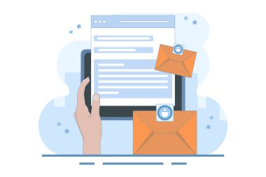 E- posta pazarlama kavramı, E- posta gönder, eposta gönder, web sitesinden bizimle bağlantı kur, bizimle online iletişim kur, iş için e-posta iletişimi kur. arkaplanda düz vektör illüstrasyonu.