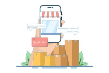 İnternet sitesinde ya da mobil uygulama, pazarlama ve dijital pazarlamada online alışveriş kavramı. İnternet sitesindeki online alışveriş mağazası. Dijital mağaza tanıtımı, çevrimiçi ödeme, teslimat, satış. Düz vektör illüstrasyonu.
