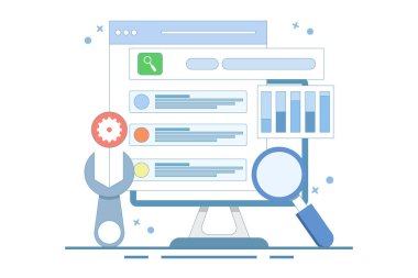 Teknik SEO kavramı, arama motorları için web sitesi optimizasyonu yükleme hızı, web sitesi hata düzeltmeleri, teknik problem çözme. Simgelerle vektör illüstrasyon arkaplanı.