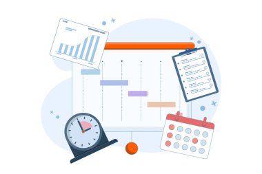 Proje Yönetimi Konsepti, yazılım geliştirme planlaması, kaynak ve bütçe planlaması, proje takvimi şeması, çalışma süresi için gantt çizelgesi, proje yönetimi yazılımı. düz vektör illüstrasyonu.