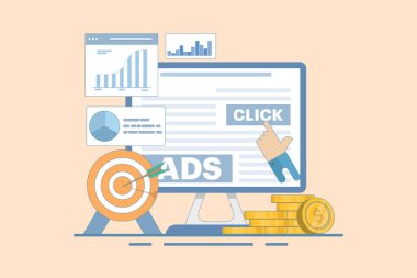 Web siteleri için tıklama başına ödeme kavramı. İnternetteki reklamlar, reklamlara tıklama, tıklama başına ödeme. PPC reklam stratejileri, reklamlar ve daha fazlası. Arkaplanda düz vektör illüstrasyonu.
