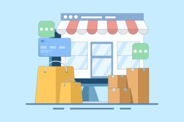 İnternet sitesinde ya da mobil uygulama, pazarlama ve dijital pazarlamada online alışveriş kavramı. İnternet sitesindeki online alışveriş mağazası. Dijital mağaza tanıtımı, çevrimiçi ödeme, teslimat, satış. Düz vektör illüstrasyonu.